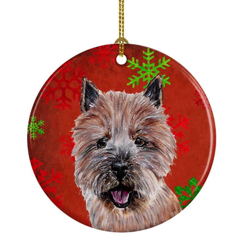 Norwich Terrier Red Snowflakes Holiday Ornament - Round Ceramic Ornament  Artist-Designed Keepsake Decoration SC9758CO1