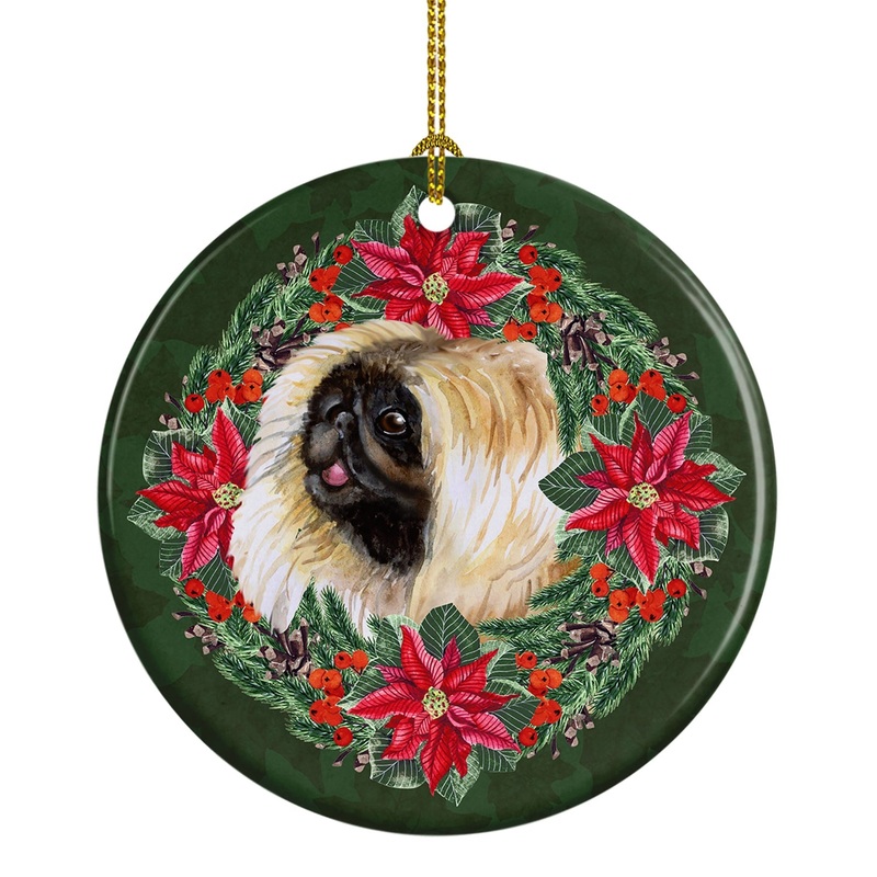 Pekingese Poinsetta Wreath Ornament - Round Ceramic Ornament  Artist-Designed Keepsake Decoration