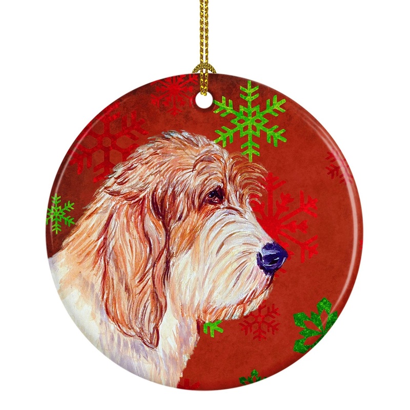 Petit Basset Griffon Vendeen Red Snowflake Holiday Christmas Ornament - Round Ceramic Ornament  Artist-Designed Keepsake Decoration