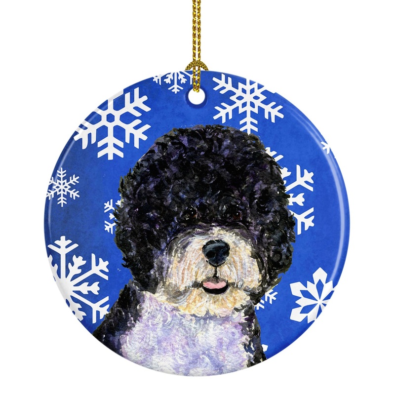 Portuguese Water Dog Winter Snowflakes Holiday Christmas Ornament - Round Ceramic Ornament  Artist-Designed Keepsake Decoration