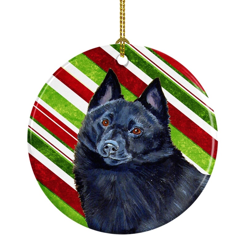 Schipperke Candy Cane Holiday Christmas Ornament - Round Ceramic Ornament  Artist-Designed Keepsake Decoration LH9249