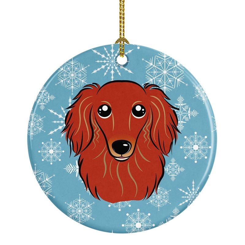 Snowflake Longhair Red Dachshund Ornament - Round Ceramic Ornament  Artist-Designed Keepsake Decoration BB1648CO1