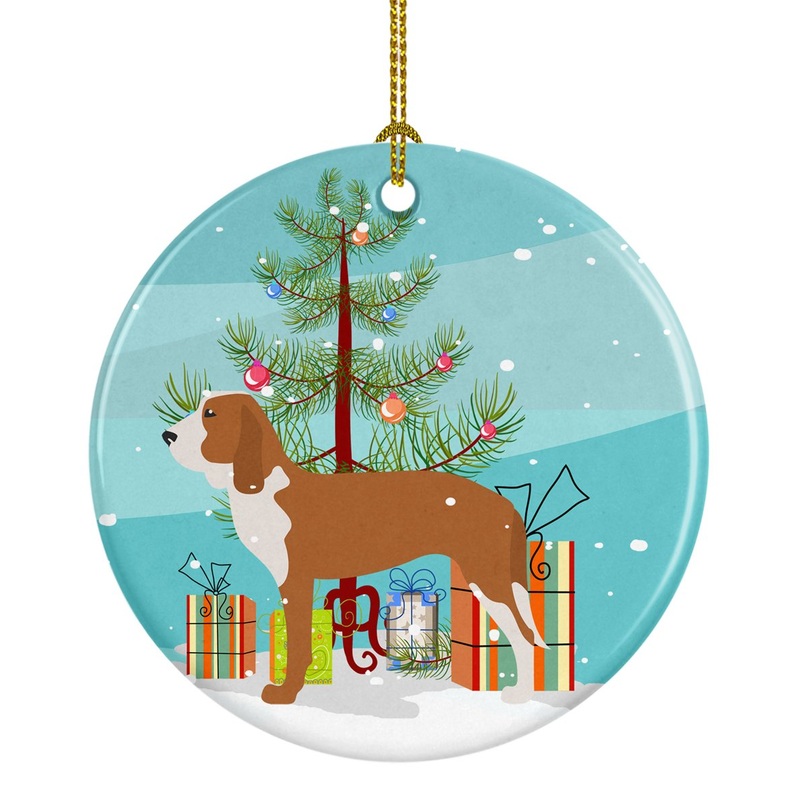 Spanish Hound Merry Christmas Tree Ornament - Round Ceramic Ornament  Artist-Designed Keepsake Decoration BB2909CO1