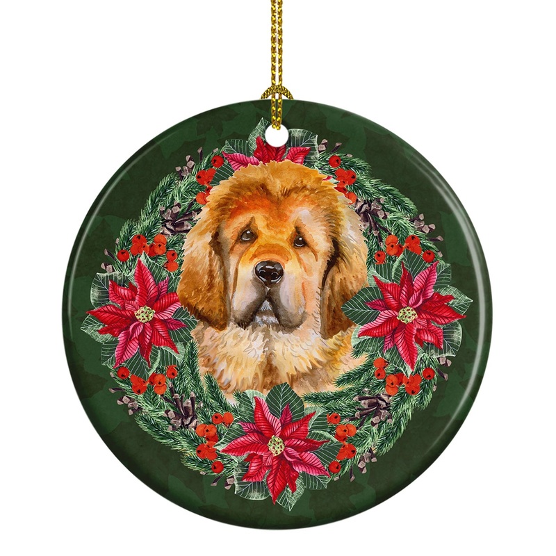 Tibetan Mastiff Poinsetta Wreath Ceramic Ornament