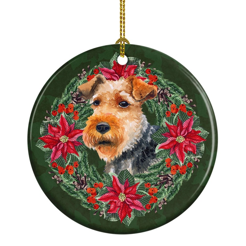 Welsh Terrier Poinsetta Wreath Ornament - Round Ceramic Ornament  Artist-Designed Keepsake Decoration