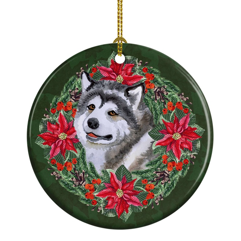 Alaskan Malamute Poinsetta Wreath Ornament - Round Ceramic Ornament  Artist-Designed Keepsake Decoration