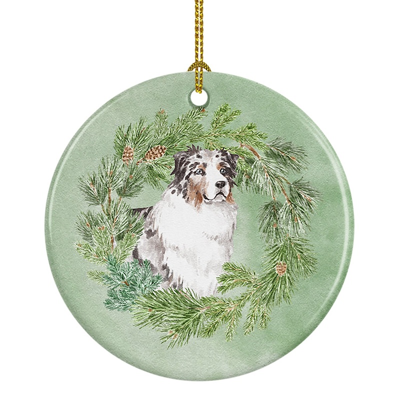 Australian Shepherd Blue Merle Longhaired Christmas Wreath Ceramic Ornament