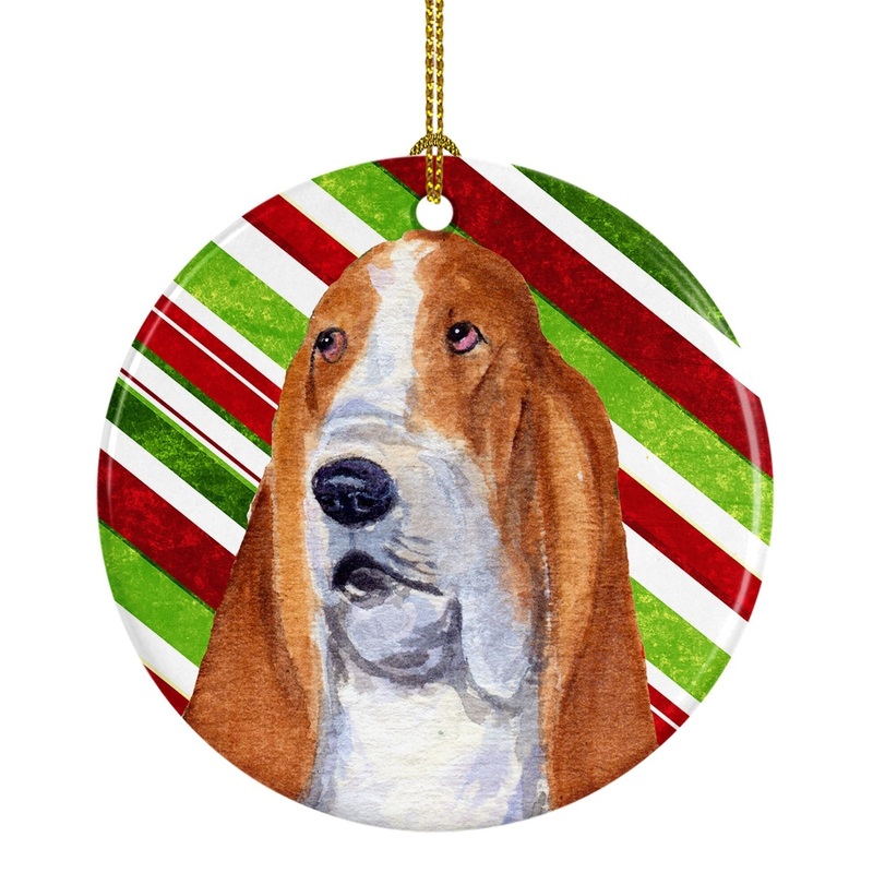 Basset Hound Candy Cane Holiday Christmas Ornament - Round Ceramic Ornament  Artist-Designed Keepsake Decoration SS4597