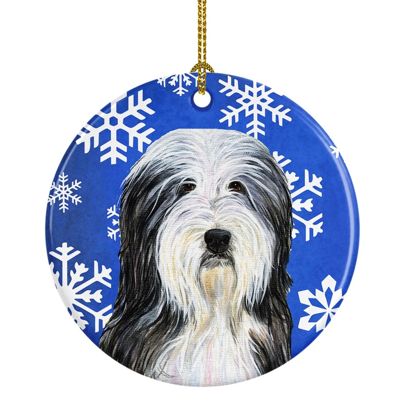 Bearded Collie Winter Snowflakes Holiday Christmas Ornament - Round Ceramic Ornament  Artist-Designed Keepsake Decoration SS4635