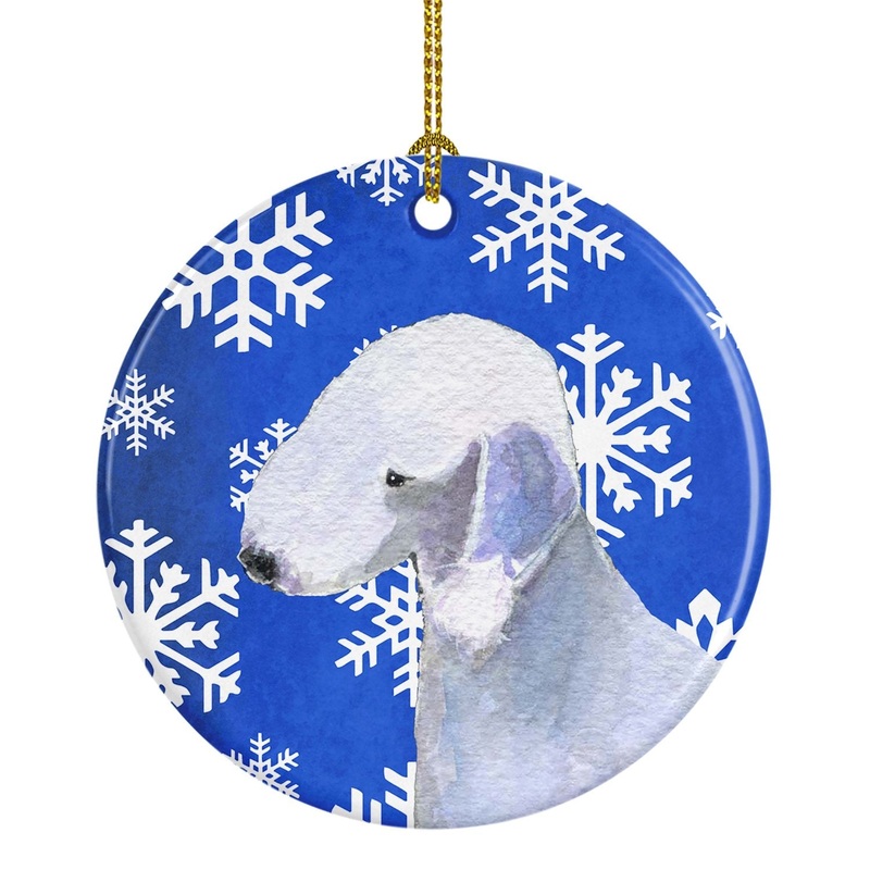 Bedlington Terrier Winter Snowflakes Holiday Christmas Ornament - Round Ceramic Ornament  Artist-Designed Keepsake Decoration SS4621