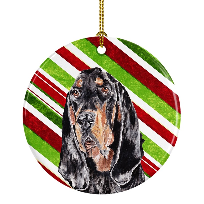 Black and Tan Coonhound Candy Cane Christmas Ornament - Round Ceramic Ornament  Artist-Designed Keepsake Decoration SC9609CO1