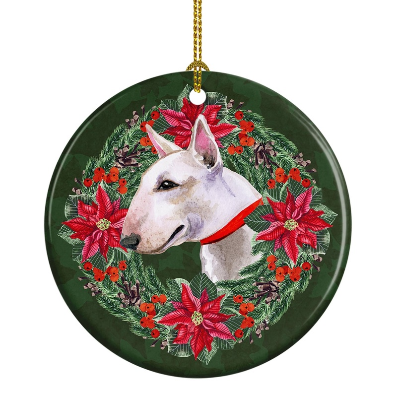 Bull Terrier Poinsetta Wreath Ornament - Round Ceramic Ornament  Artist-Designed Keepsake Decoration