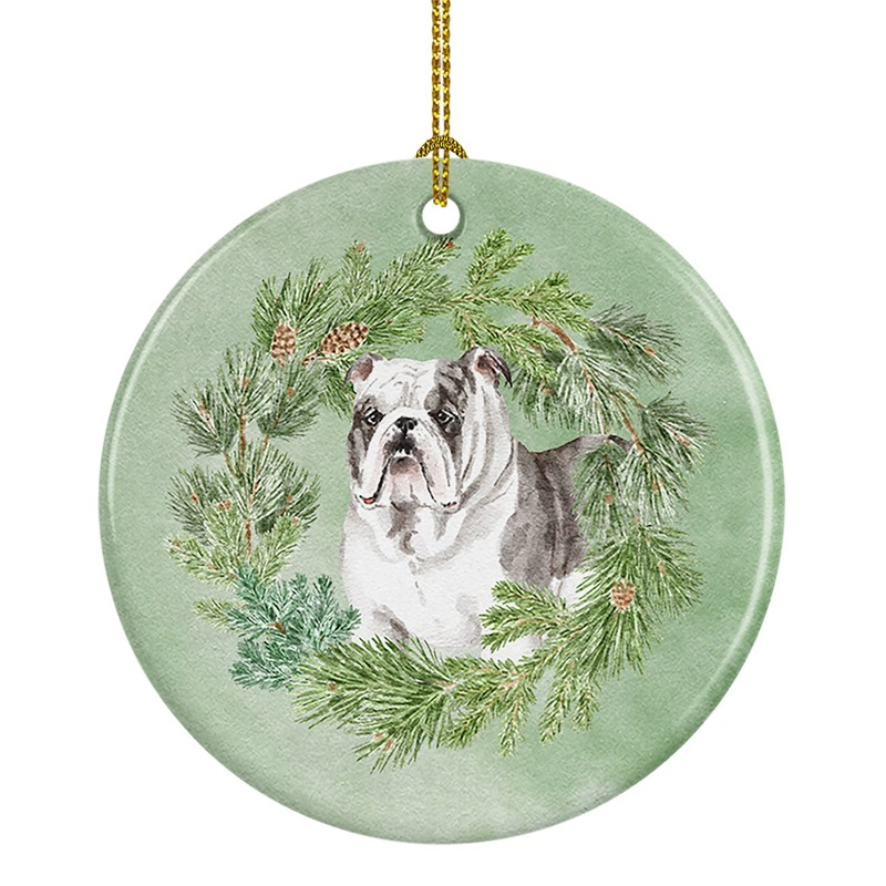Bulldog Brindled Christmas Wreath Ceramic Ornament