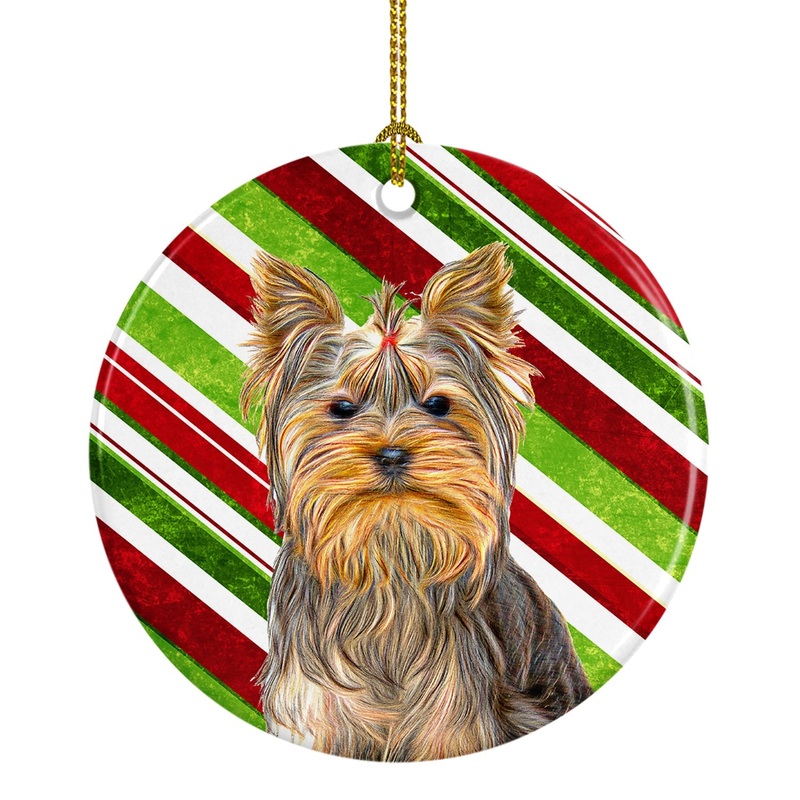 Candy Cane Holiday Christmas Yorkie / Yorkshire Terrier Ornament - Round Ceramic Ornament  Artist-Designed Keepsake Decoration KJ1170CO1