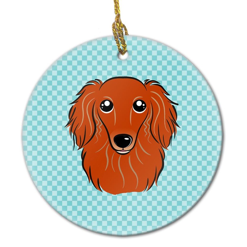 Checkerboard Blue Longhair Red Dachshund Ceramic Ornament BB1152CO1