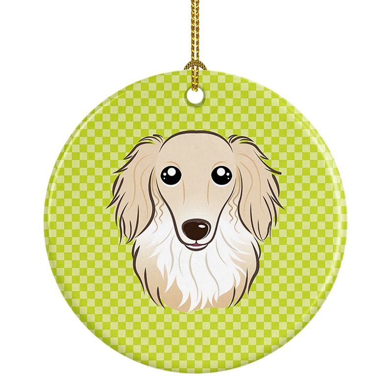 Checkerboard Lime Green Longhair Creme Dachshund Ceramic Ornament BB1274CO1