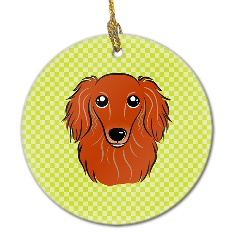 Checkerboard Lime Green Longhair Red Dachshund Ceramic Ornament BB1276CO1