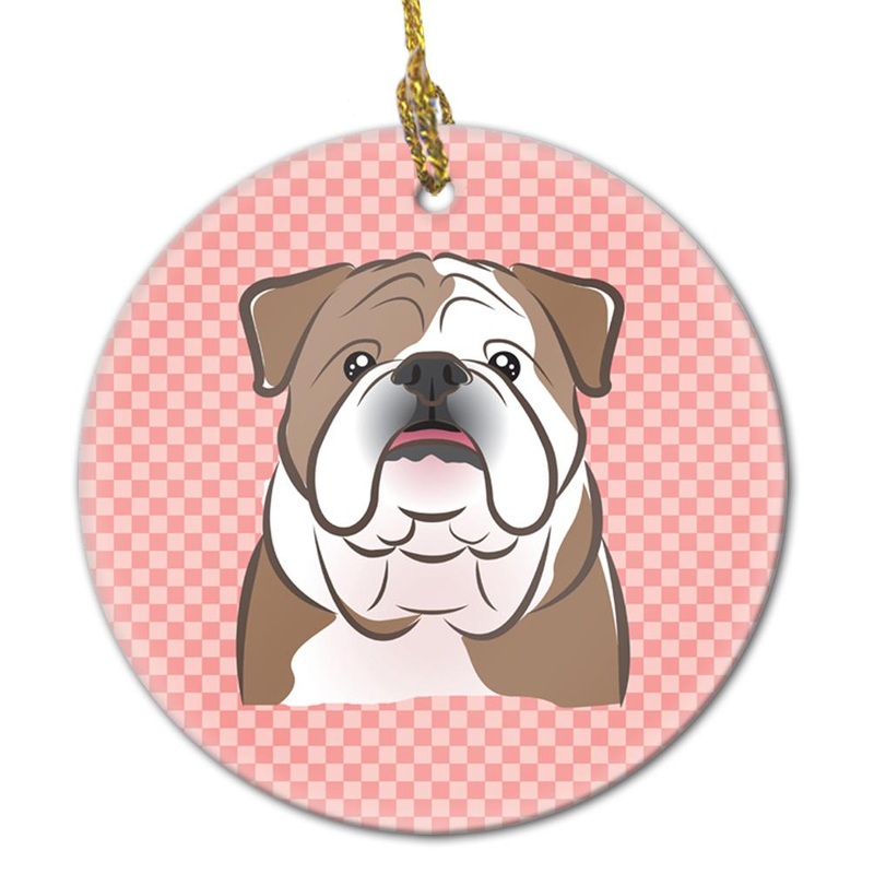 Checkerboard Pink English Bulldog Ceramic Ornament BB1219CO1