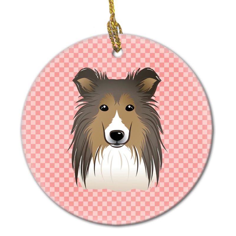 Checkerboard Pink Sheltie Ceramic Ornament BB1242CO1