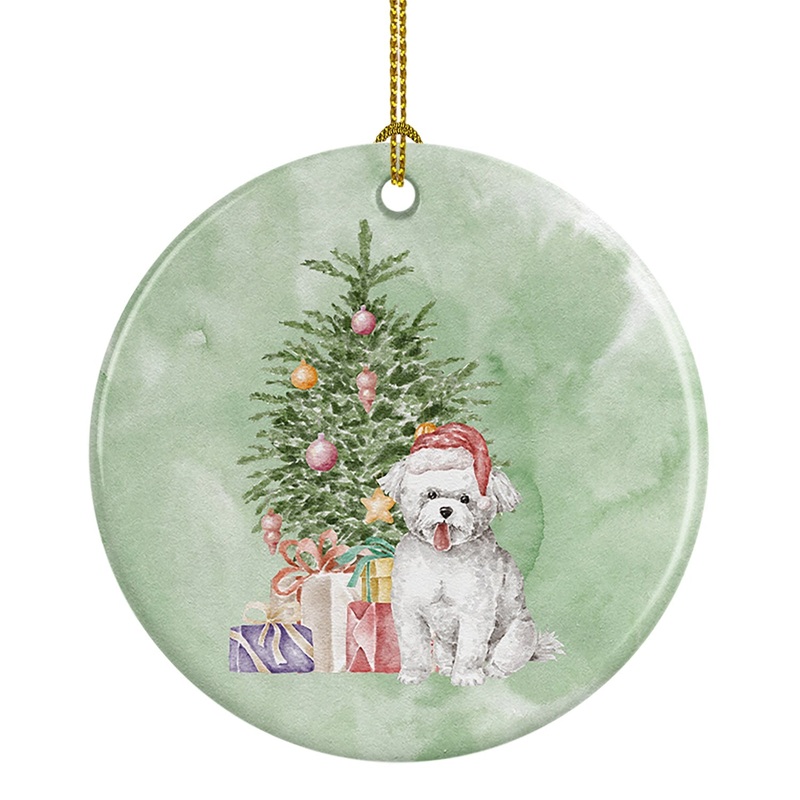 Christmas Bichon Frise Puppy Ornament - Round Ceramic Ornament  Artist-Designed Keepsake Decoration