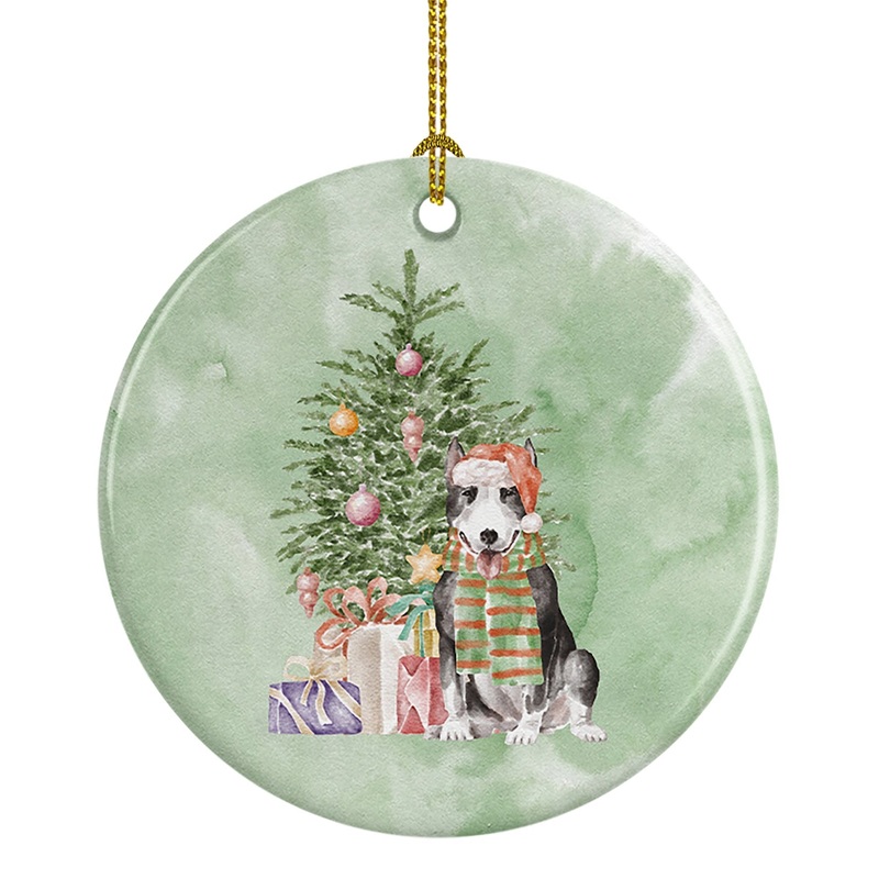 Christmas Bull Terrier Black Ornament - Round Ceramic Ornament  Artist-Designed Keepsake Decoration