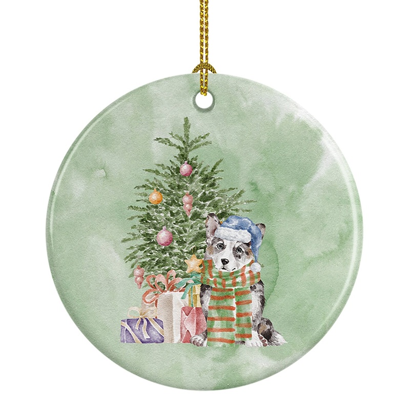 Christmas Cardigan Corgi Blue Merle Ornament - Round Ceramic Ornament  Artist-Designed Keepsake Decoration