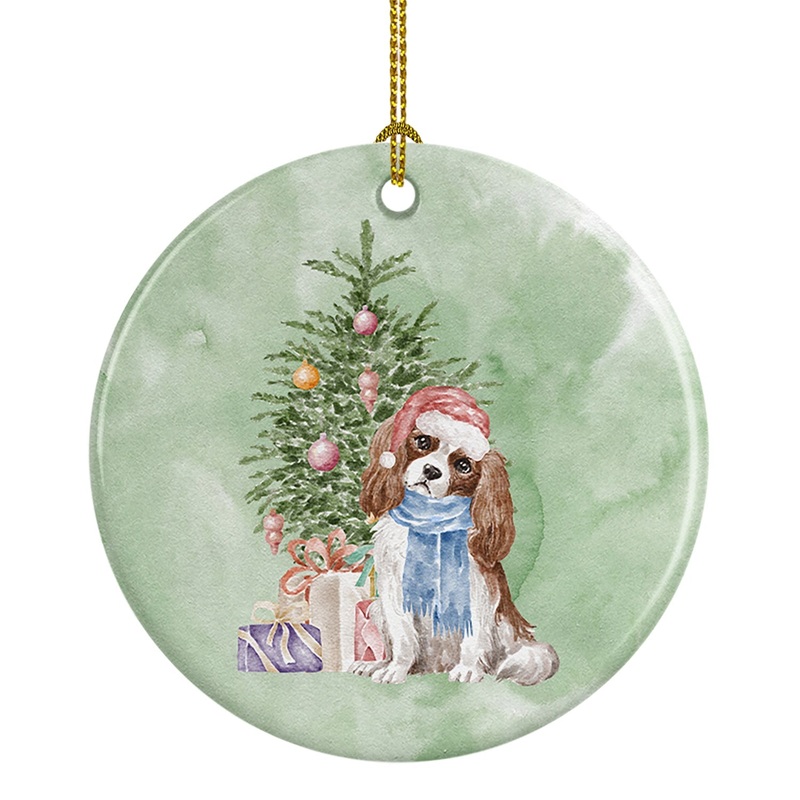 Christmas Cavalier Spaniel Bleheim Ornament - Round Ceramic Ornament  Artist-Designed Keepsake Decoration