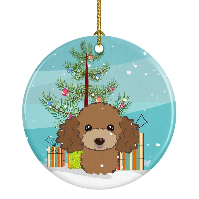 Christmas Tree and Chocolate Brown Poodle Ornament - Round Ceramic Ornament  Artist-Designed Keepsake Decoration BB1628CO1