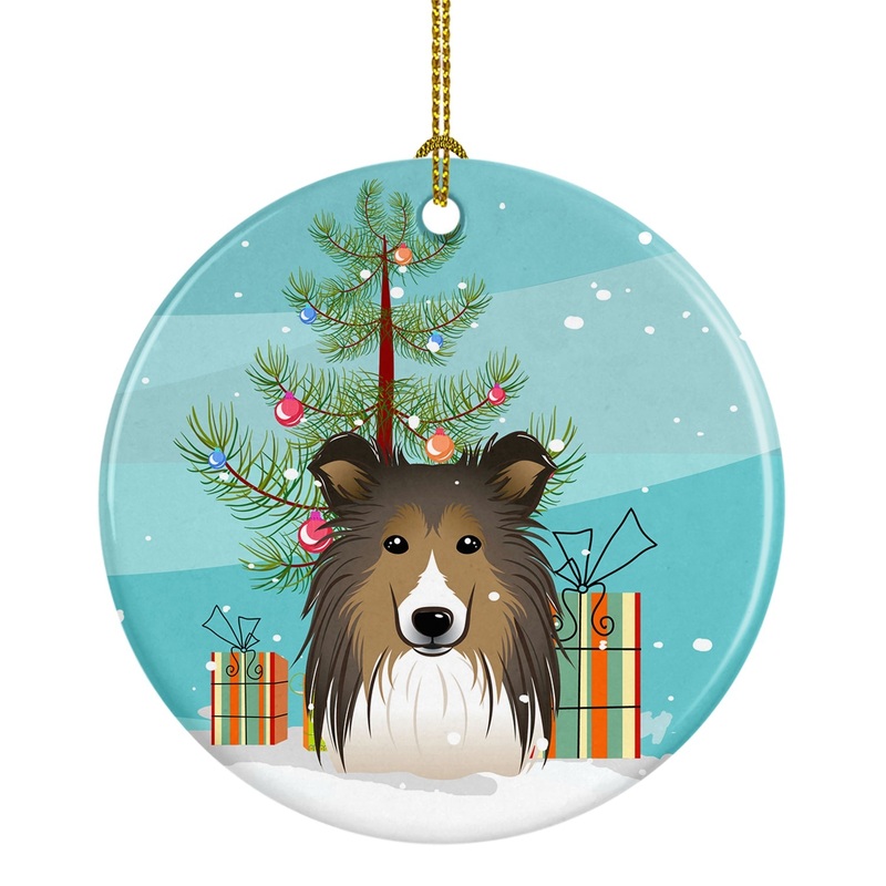 Christmas Tree and Sheltie Ornament - Round Ceramic Ornament  Artist-Designed Keepsake Decoration BB1614CO1
