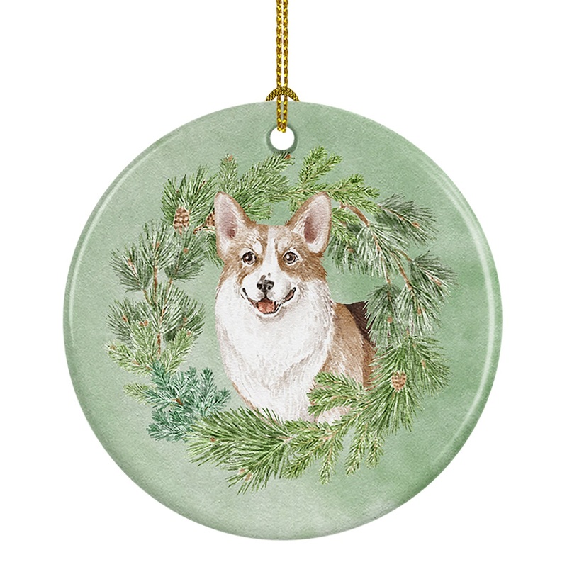 Corgi Tricolor Smiling Christmas Wreath Ceramic Ornament