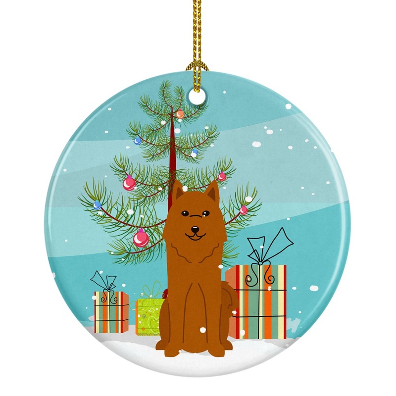 Merry Christmas Tree Karelian Bear Dog Ornament - Round Ceramic Ornament  Artist-Designed Keepsake Decoration BB4147CO1