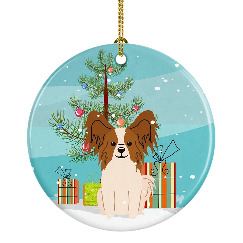 Merry Christmas Tree Papillon Red White Ornament - Round Ceramic Ornament  Artist-Designed Keepsake Decoration BB4203CO1