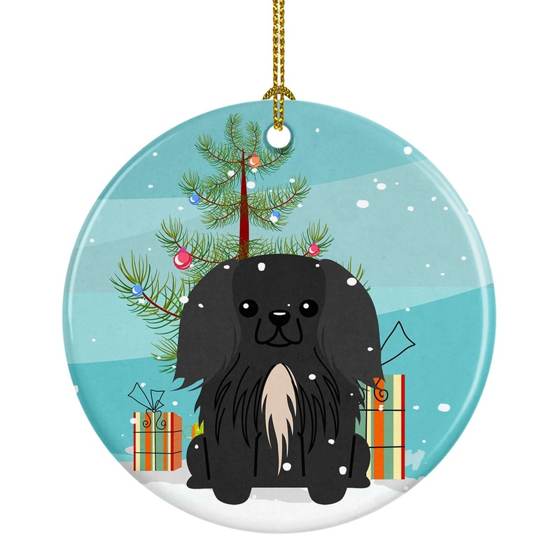 Merry Christmas Tree Pekingnese Black Ornament - Round Ceramic Ornament  Artist-Designed Keepsake Decoration BB4232CO1