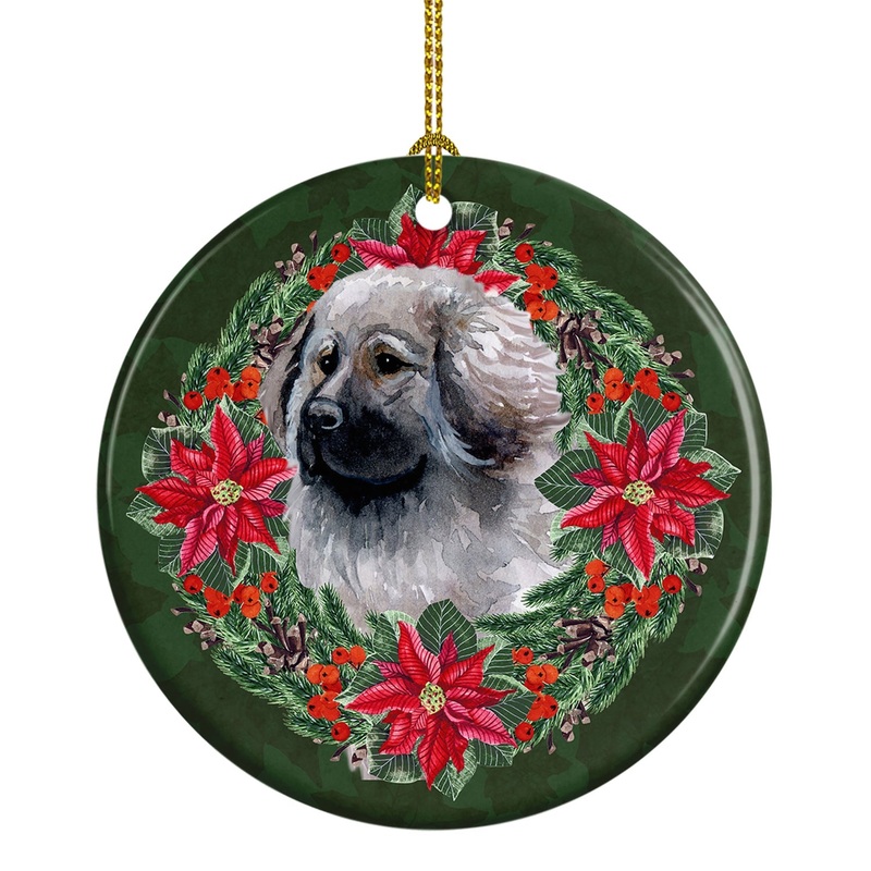 Moscow Watchdog Poinsetta Wreath Ornament - Round Ceramic Ornament  Artist-Designed Keepsake Decoration