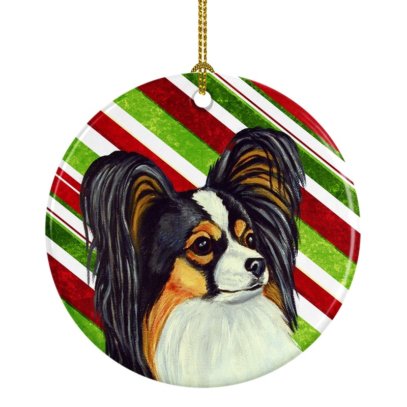 Papillon Candy Cane Holiday Christmas Ornament - Round Ceramic Ornament  Artist-Designed Keepsake Decoration LH9255