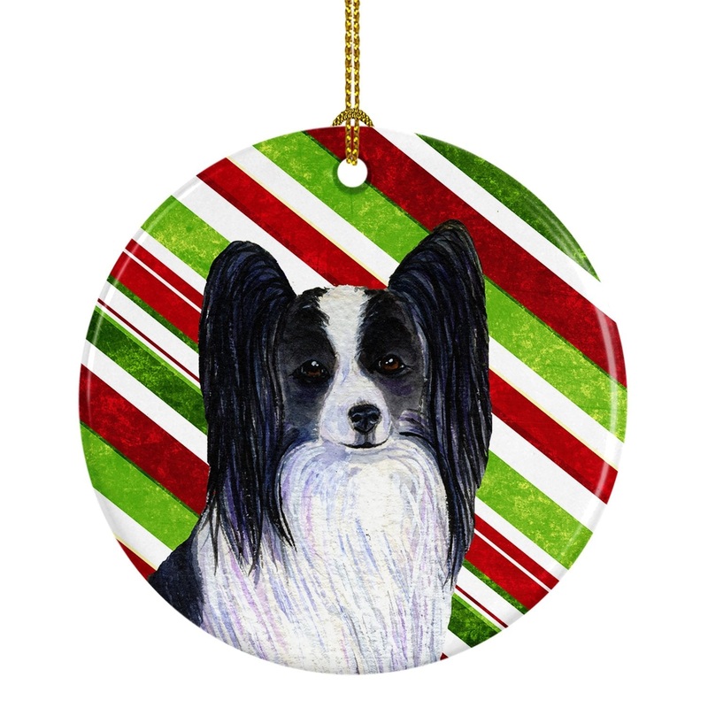 Papillon Candy Cane Holiday Christmas Ornament - Round Ceramic Ornament  Artist-Designed Keepsake Decoration SS4574