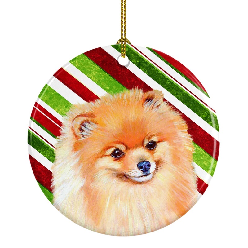 Pomeranian Candy Cane Holiday Christmas Ornament - Round Ceramic Ornament  Artist-Designed Keepsake Decoration LH9260