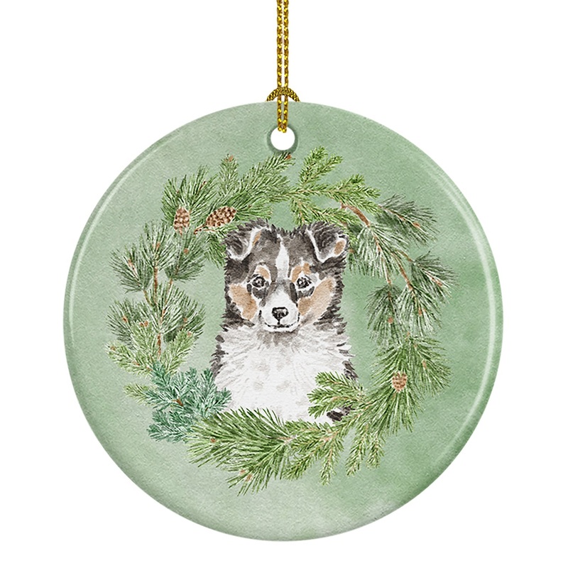 Sheltie/Shetland Sheepdog Puppy Tricolor  Christmas Wreath Ceramic Ornament