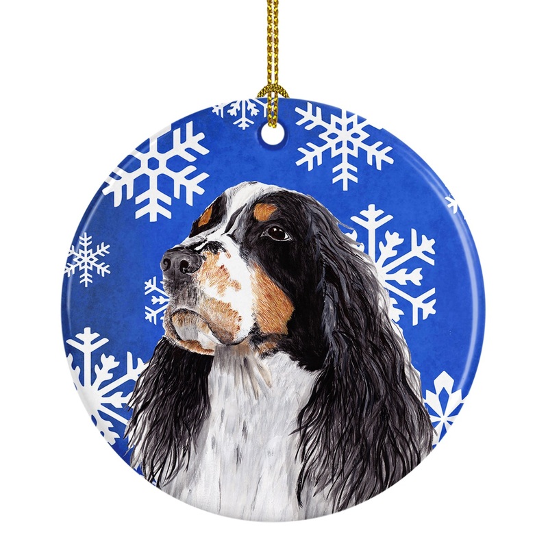 Springer Spaniel Winter Snowflakes Holiday Ornament - Round Ceramic Ornament  Artist-Designed Keepsake Decoration SC9361