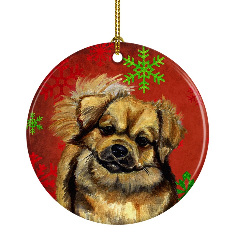 Tibetan Spaniel Red Snowflake Holiday Christmas Ornament - Round Ceramic Ornament  Artist-Designed Keepsake Decoration LH9349