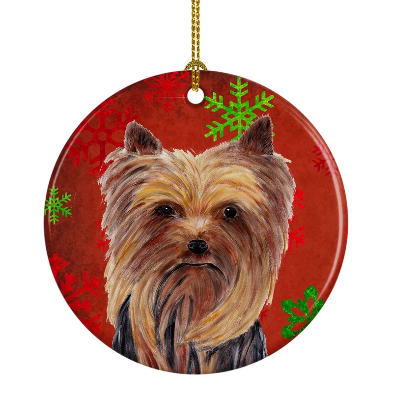 Yorkie Red Snowflakes Holiday Christmas Ornament - Round Ceramic Ornament  Artist-Designed Keepsake Decoration SC9405