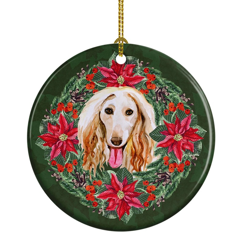 Afghan Hound Poinsetta Wreath Ornament - Round Ceramic Ornament  Artist-Designed Keepsake Decoration