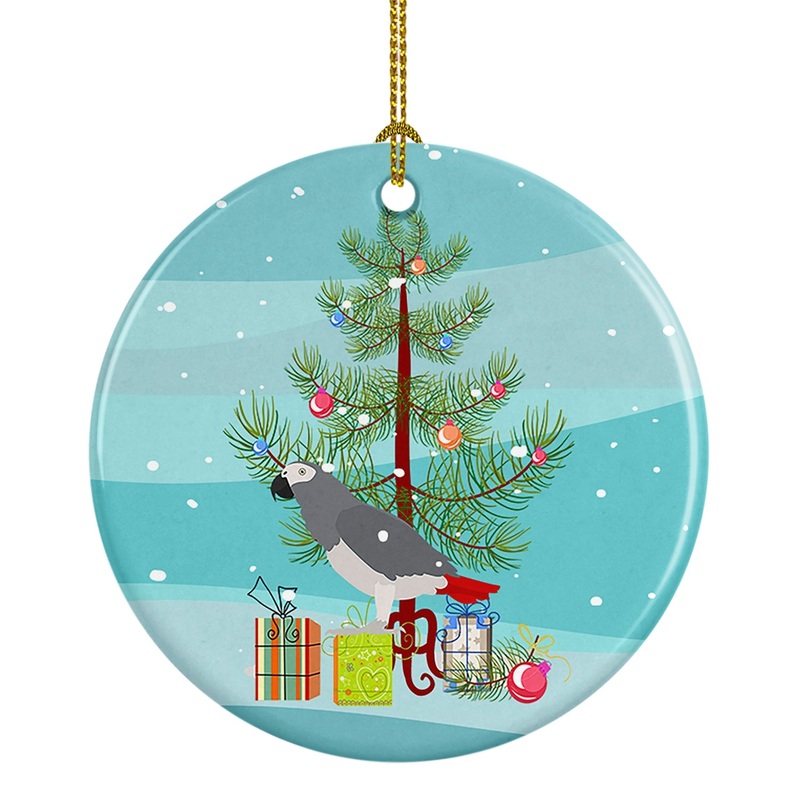 African Grey Parrot Merry Christmas Ornament - Round Ceramic Ornament  Artist-Designed Keepsake Decoration