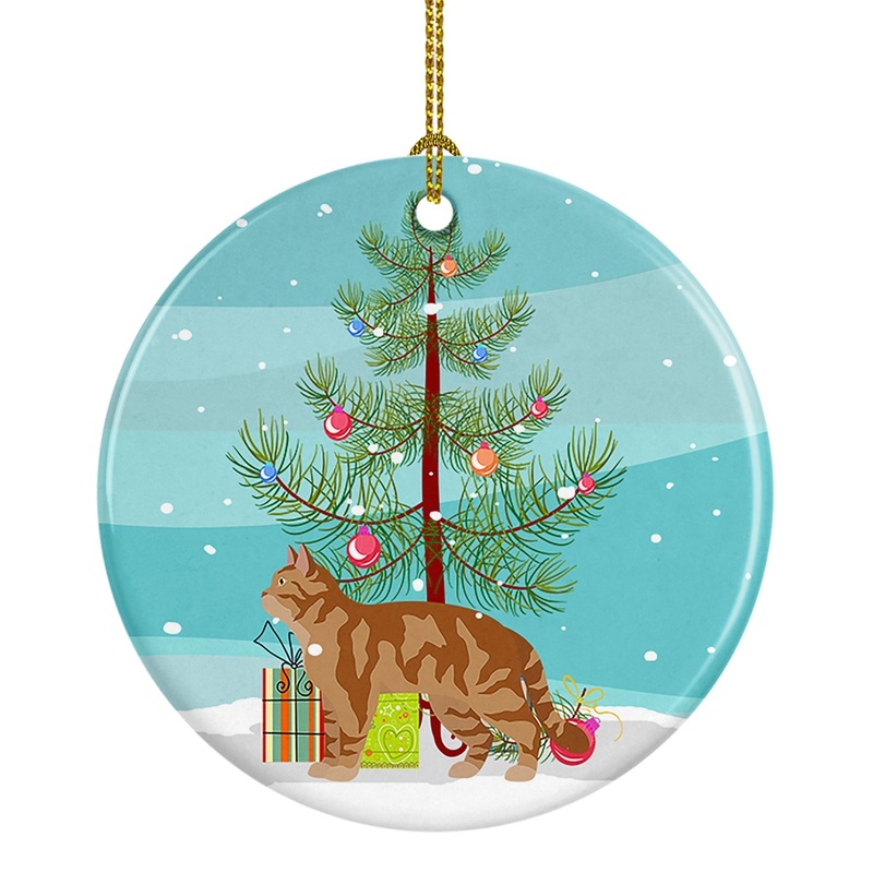 American Wirehair #2 Cat Merry Christmas Ornament - Round Ceramic Ornament  Artist-Designed Keepsake Decoration