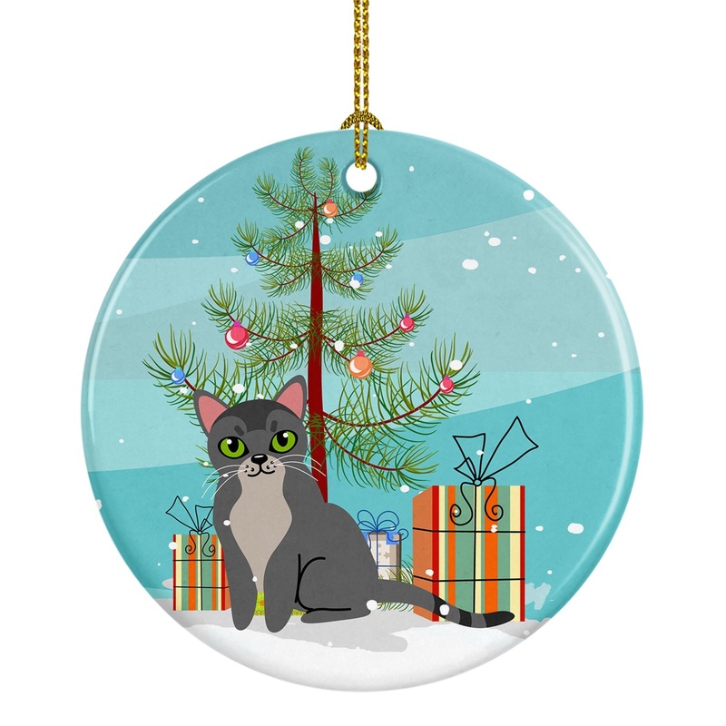 Asian Cat Merry Christmas Tree Ornament - Round Ceramic Ornament  Artist-Designed Keepsake Decoration BB4414CO1