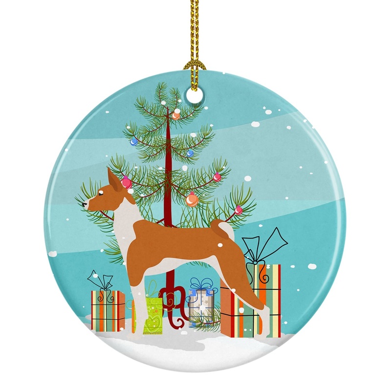 Basenji Merry Christmas Tree Ornament - Round Ceramic Ornament  Artist-Designed Keepsake Decoration BB2992CO1