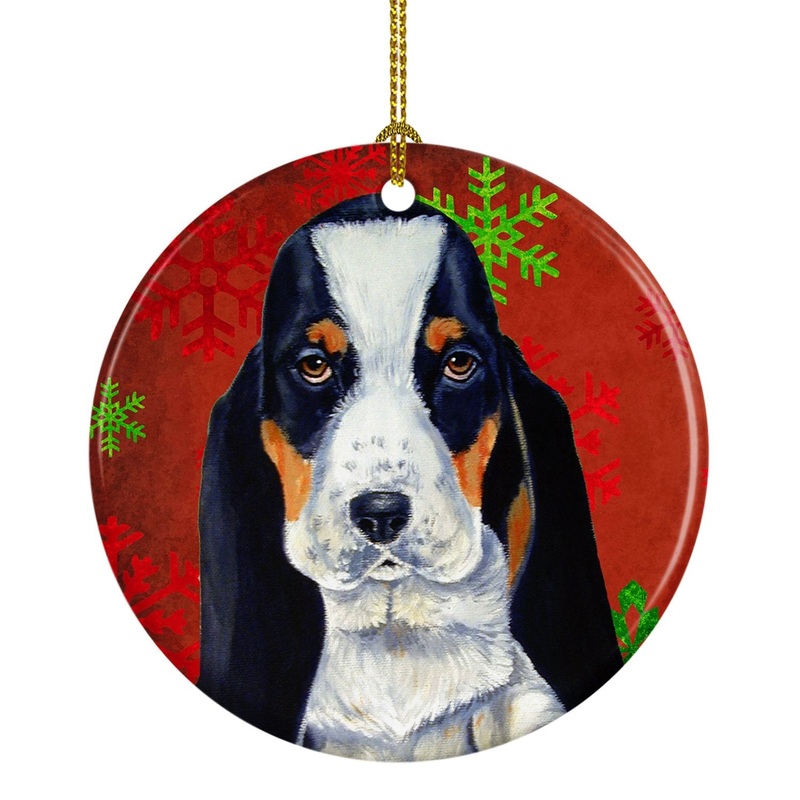 Basset Hound Red Snowflake Holiday Christmas Ornament - Round Ceramic Ornament  Artist-Designed Keepsake Decoration LH9329