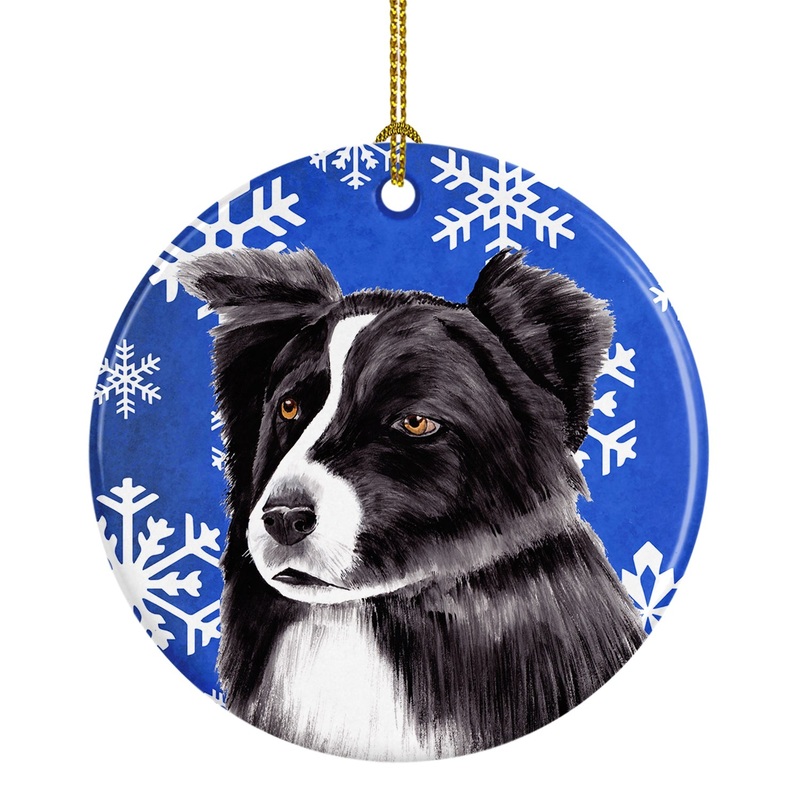 Border Collie Winter Snowflakes Holiday Ornament - Round Ceramic Ornament  Artist-Designed Keepsake Decoration SC9367