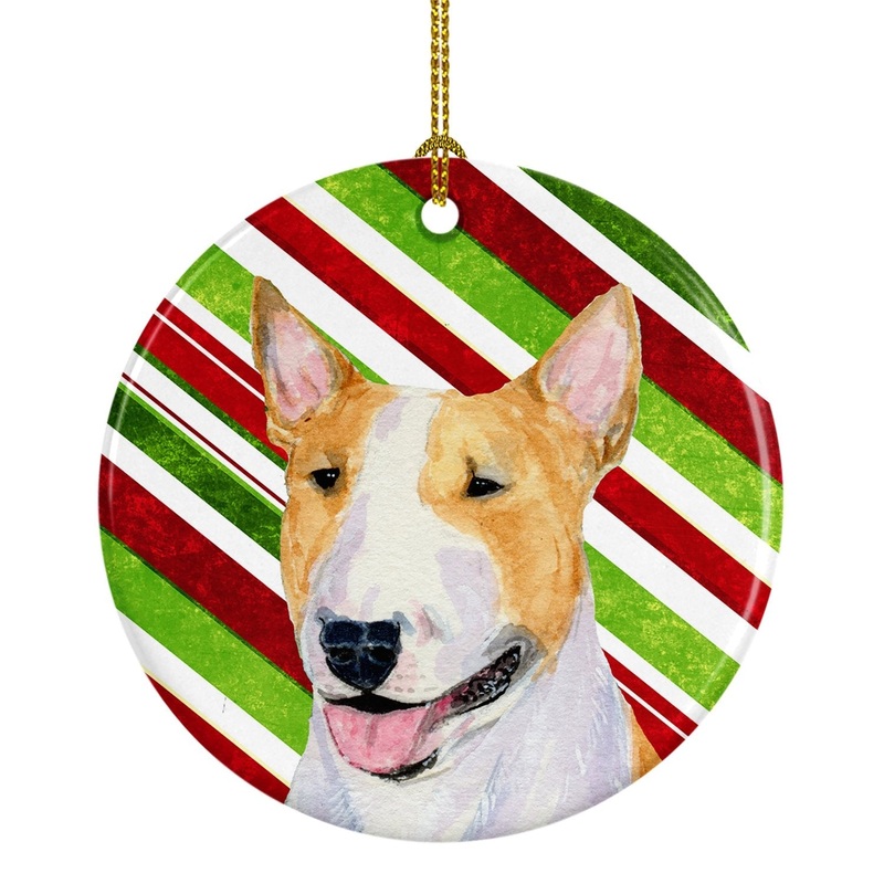 Bull Terrier Candy Cane Holiday Christmas Ornament - Round Ceramic Ornament  Artist-Designed Keepsake Decoration SS4565