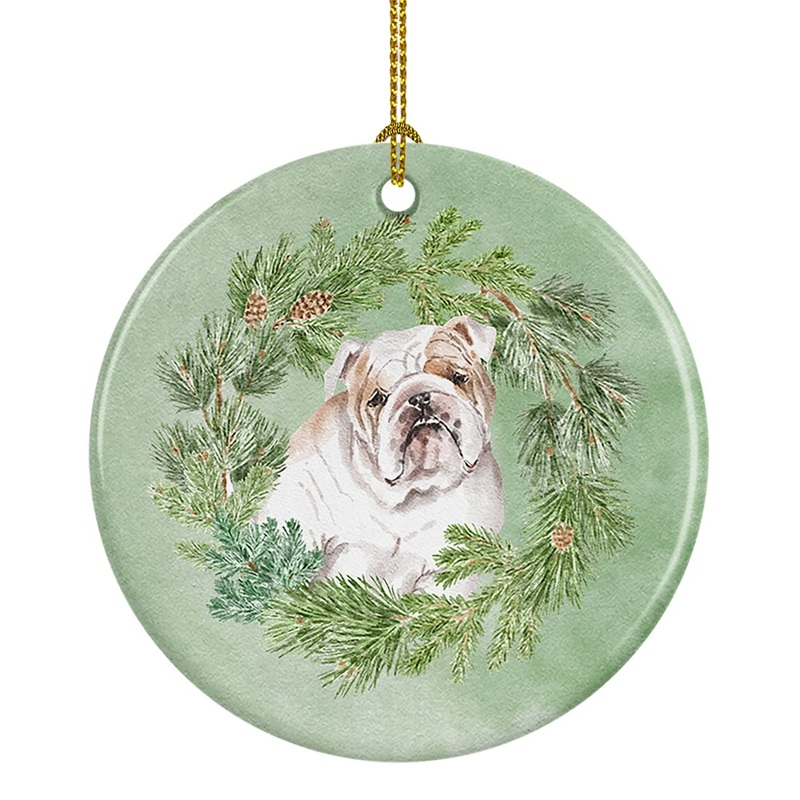 Bulldog Fawn Head Tilt Christmas Wreath Ceramic Ornament